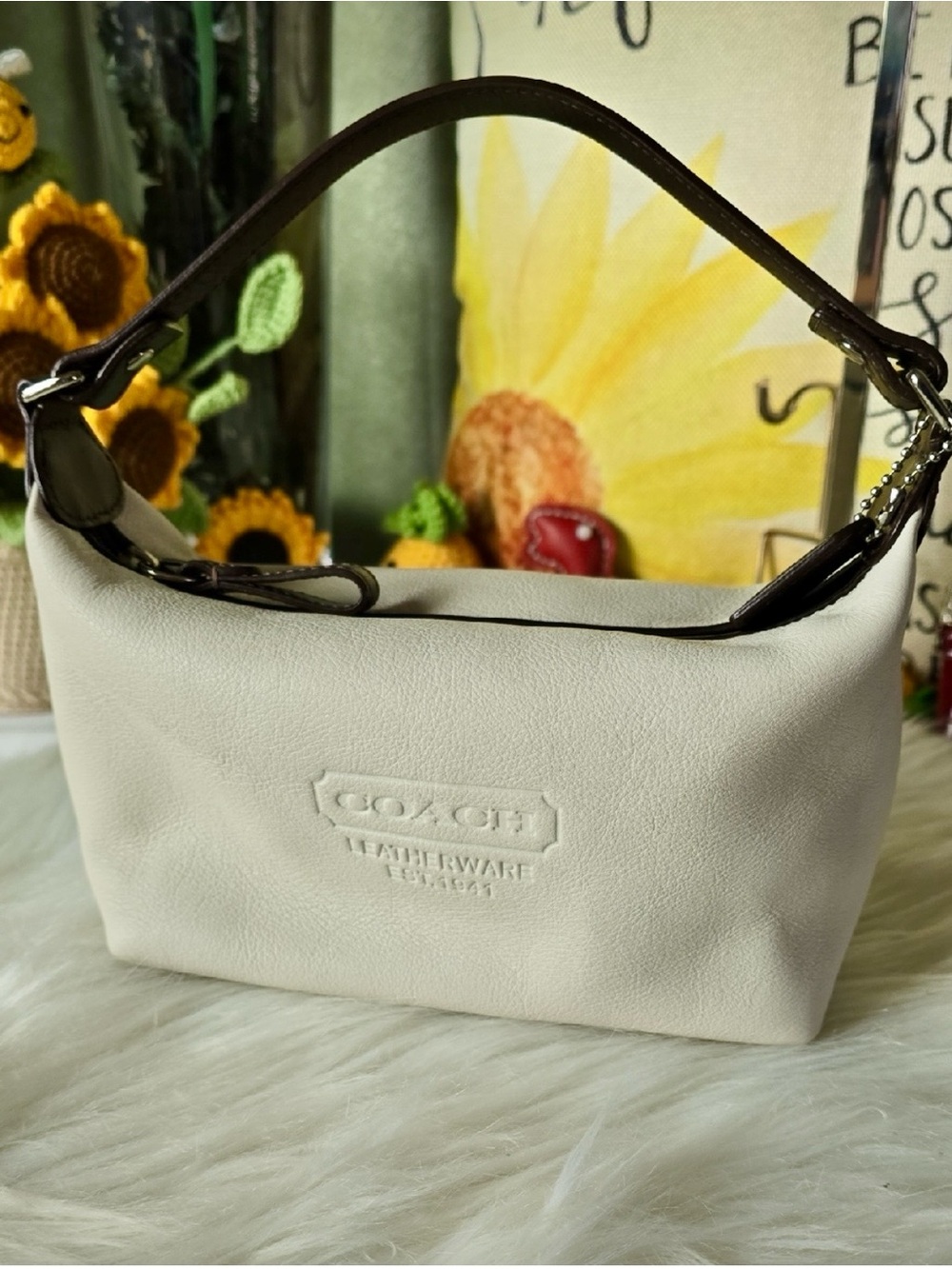 Coach  Mini Baguette Chalk Cream Crossgrain Leather Shoulder Bag w/ Hangtag EUC